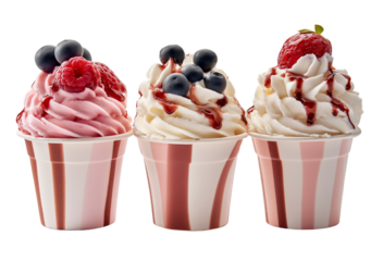 Sushi roll with salmon, avocado, and cream cheese, isolated on a transparent background - 4 ice cream cups with different flavors, white transparent background