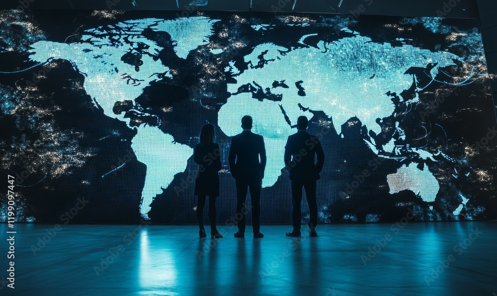Poster image features three individuals standing in front of large digital map of world, highlighting globa