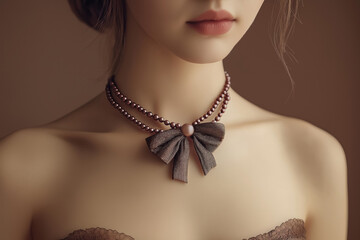 close up of woman's décolletage with layered fabric bow  in mocha brown necklace and pearl accents in a vintage-inspired fashion setting