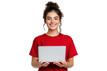 Smiling woman in red t-shirt holding a laptop, isolated on transparent background