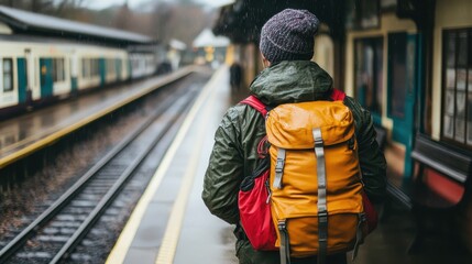 Obraz premium Rainy Day Travel: A lone traveler with a backpack waits at a train station platform, the rain falling gently on the platform