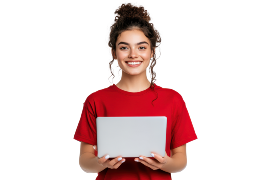 Smiling woman in red t-shirt holding a laptop, isolated on transparent background