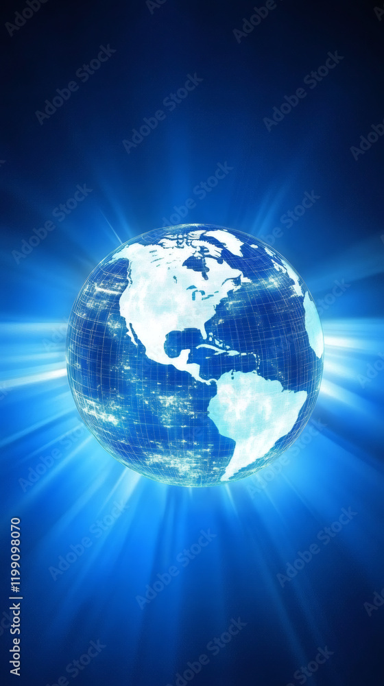 Aufkleber rotating planet earth with glowing grid, illuminated by radiant light rays revealing cosmic depth an
