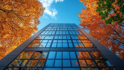 Modern glass office building framed by vibrant autumn trees under a blue sky