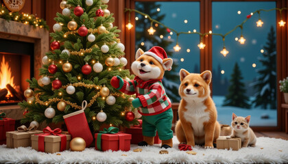 Playful puppies decorating Christmas tree indoors