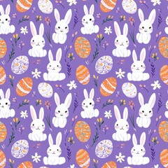 Easter Bunny Pattern: Adorable white bunnies and colorful Easter eggs create a delightful repeat pattern perfect for springtime crafting and celebrations.  Purple background adds a touch of whimsy.