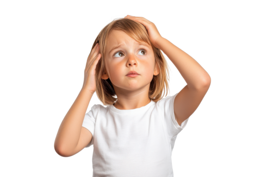 Little girl holding head in confusion, isolated on transparent background