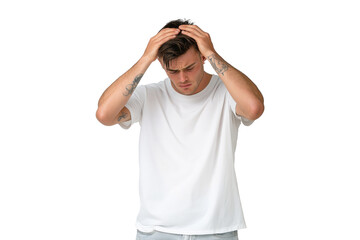 Fototapeta premium Young man with tattoos holding head in frustration, isolated on transparent background 