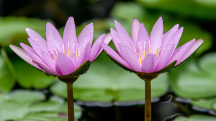 Obraz premium Beautiful pink water lilies blooming gracefully in a tranquil pond setting