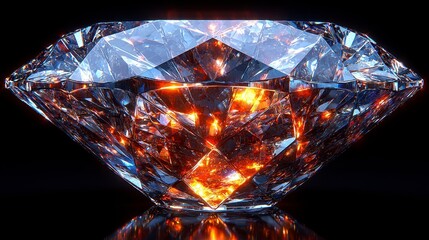 Glowing diamond with internal fire, isolated on black.
