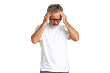 Mature man with glasses holding head in frustration, isolated on transparent background