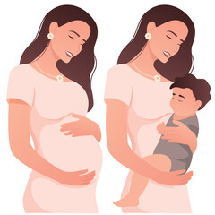 Vector image of a woman with a child. Concept of motherhood and family with a child. Element for design