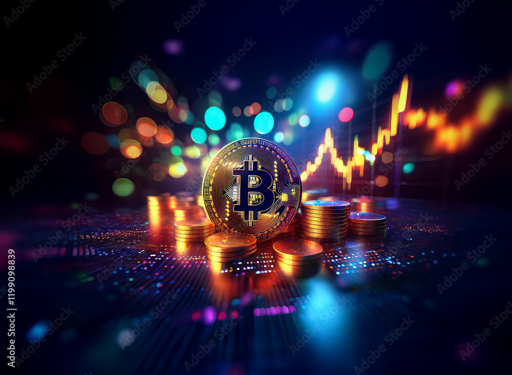 Poster glowing bitcoin cryptocurrency coin rests on a pile of similar coins, set against a vibrant, dynamic