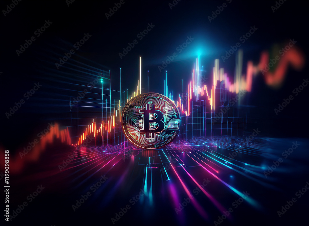 Poster a vibrant digital rendering depicts a bitcoin coin set against a backdrop of dynamic, multicolored g