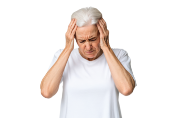 Senior man holding head in pain, isolated on transparent background