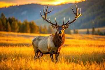 Fototapeta premium Majestic Montana elk bull, velvet antlers gleaming, dominates the panoramic grassland vista.