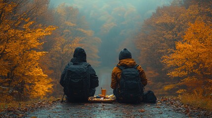 Two individuals enjoying a serene autumn landscape with a picnic.