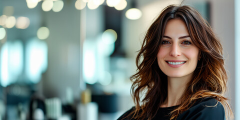 Fototapeta premium A beautiful 40-year-old woman in a beauty salon against the background of a bright interior, close-up