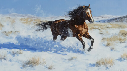 Wild horse galloping through a snowy field