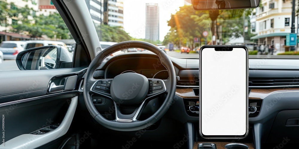 Aufkleber a blank white smartphone screen mockup is positioned in the console of a modern car. sunlight stream