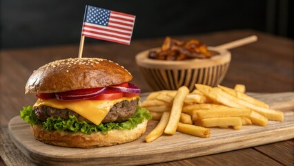 Close-up home-made beef burger with American flag and fries on wooden table.