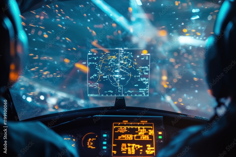 Poster futuristic cockpit view displaying navigation systems during a space mission