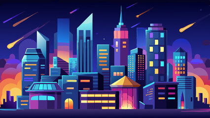 Fototapeta premium AI Generated vibrant cityscape at night with glowing windows and a serene starry sky
