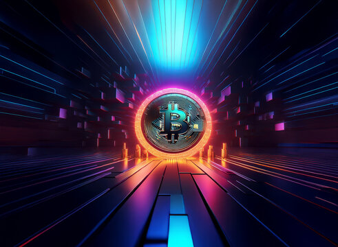 A vibrant, futuristic tunnel glows with neon light, centering on a glowing bitcoin symbol.  The scene evokes speed, technology, and digital currency. - Powered by Adobe