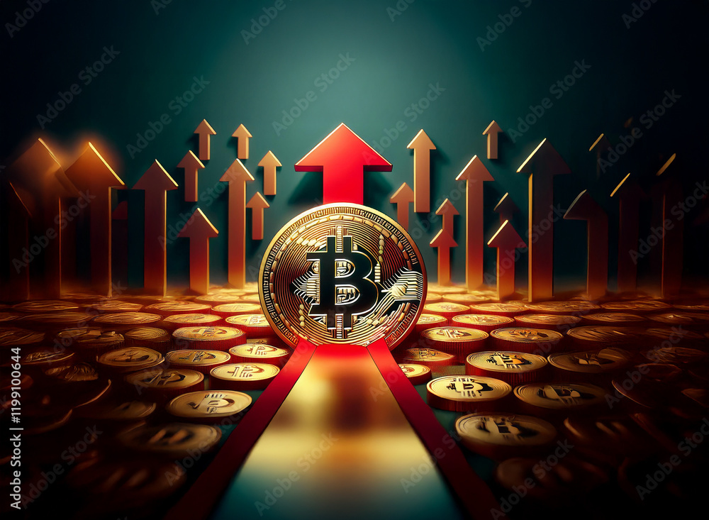 Poster a glowing bitcoin coin sits atop a golden path, surrounded by upward-pointing arrows and a field of 
