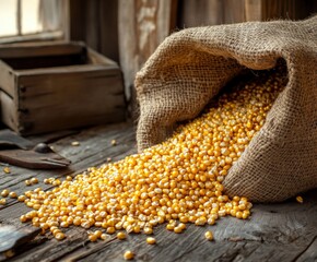 Yellow corn kernels spill from a burlap sack onto a rustic wooden surface in a cozy setting