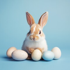 Obraz premium Bunny surrounded by colorful Easter eggs on a soft blue background during spring season celebration