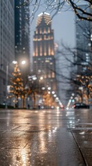 Obraz premium Beautifully illuminated asphalt road in the city enveloped in fog at night. Bright streetlamps cast a warm glow while blurry traffic lights suggest fast-moving transportation