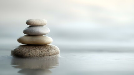 Serene beach stones stacked, calm ocean background, peaceful zen meditation, wellness imagery