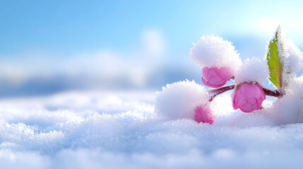 Cherry blossom branch covered in snow during early winter morning