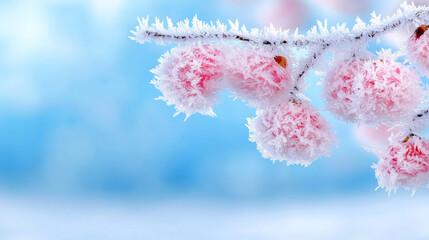 Frosted branch with pink fruit under a cold winter sky