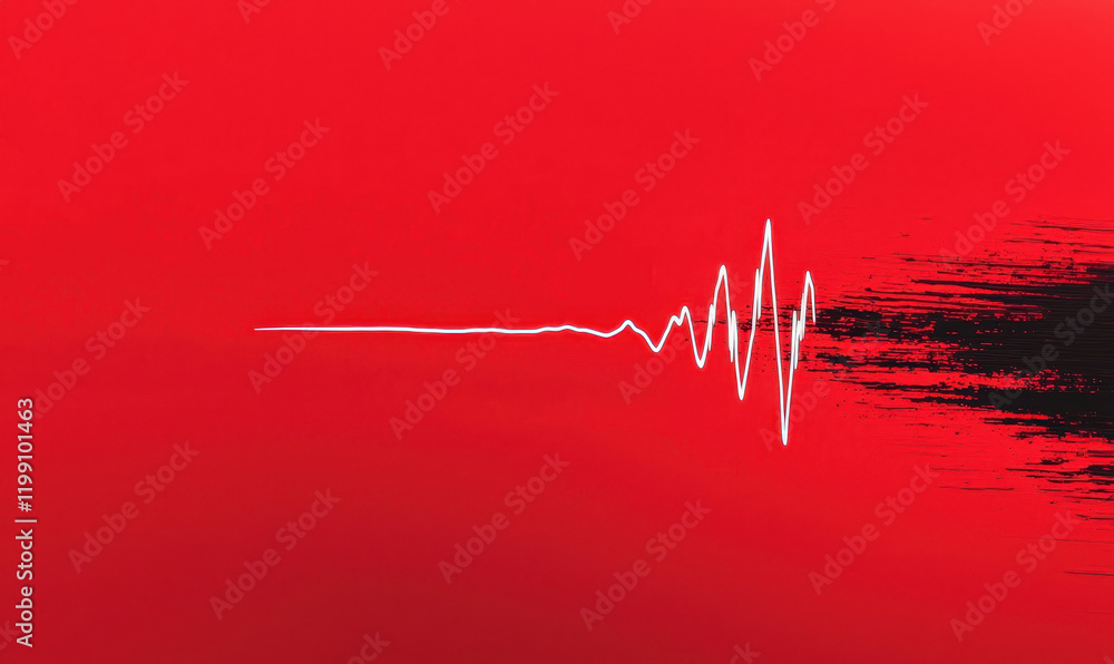 Poster dynamic heartbeat waveform illustration on vivid red with distorted ends symbolizing pulse energy