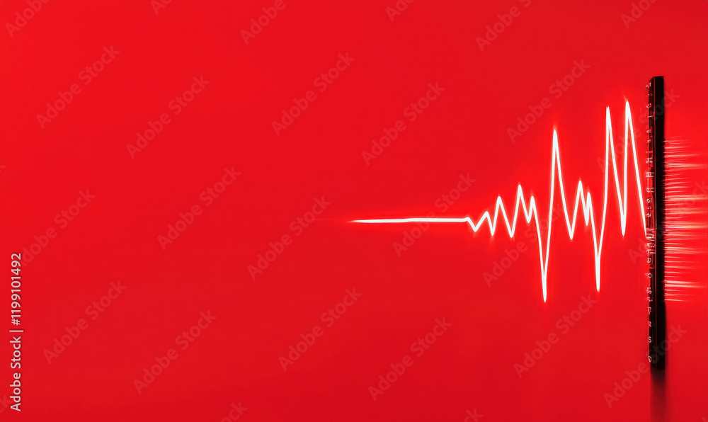 Poster vibrant neon heartbeat waveform displaying pulsating rhythm in red illumination for medical and tech
