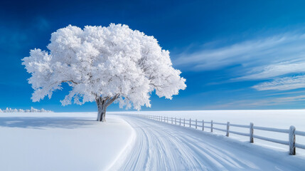 Snow-covered path beside a solitary tree under a bright blue sky