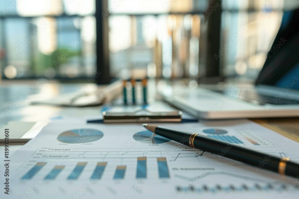 Poster business documents with charts and graphs showing market data analysis are displayed on a desk in a 