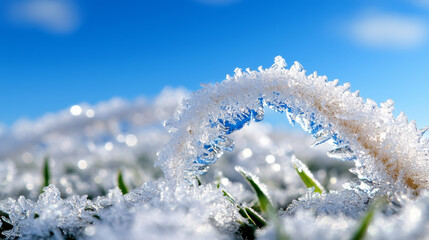Frost-covered grass glimmers under a bright blue sky in winter