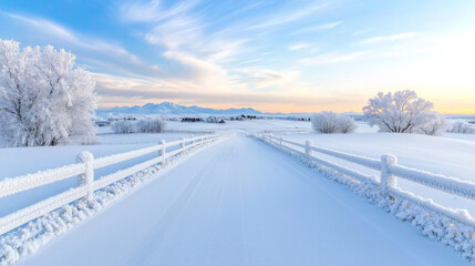 Snow-covered road stretches through winter landscape at sunrise