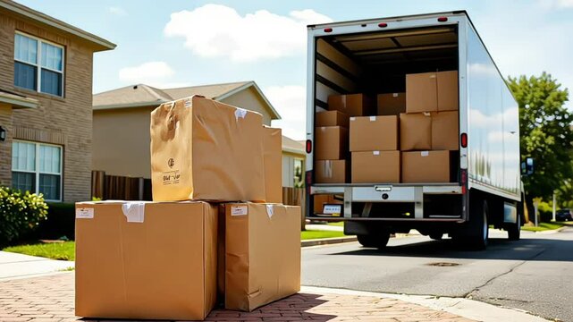 A moving truck is parked on the side of a building