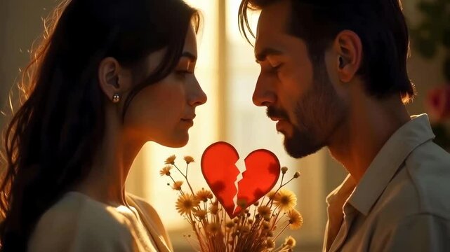 broken marriage, divorce, broken, marriage, cracked, Divorce and broken marriage concept, a cracked heart  ornament surrounded by dried flowers between a man and a woman