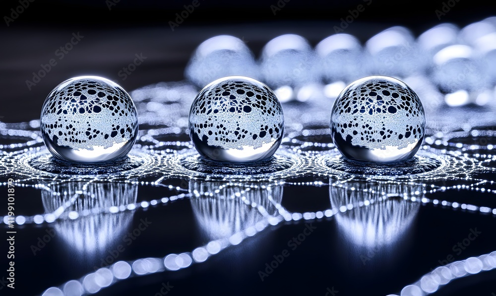 Poster three translucent spheres on patterned surface.