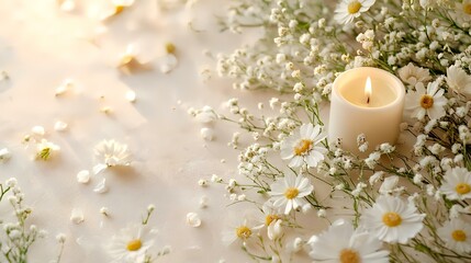 Lit candle with daisies, petals, sunlight, peaceful background, ideal for sympathy cards