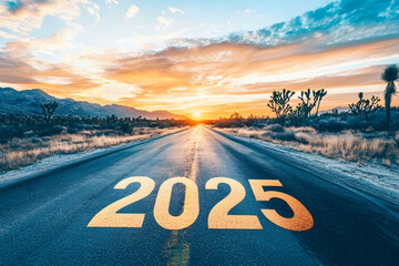 2025", written on the asphalt road, with a sunrise in the background