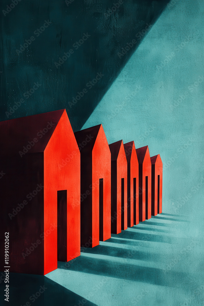 Poster exploring minimalist architecture: a striking perspective on red structures and sharp shadows agains