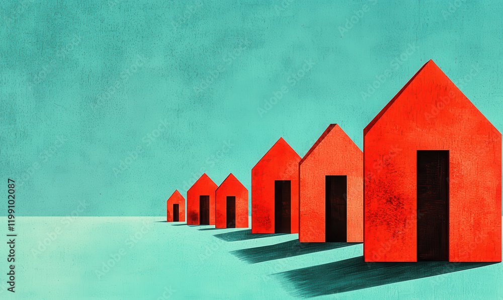 Aufkleber exploring minimalistic red house structures on aqua background: a study in symmetry and modern archi