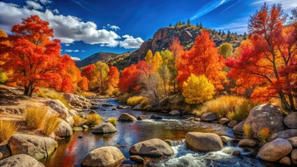 Obraz premium Prescott's Granite Creek Park explodes with autumn color; a stunning fall foliage panorama.