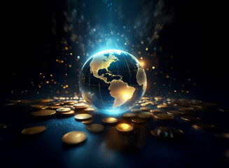A glowing Earth rests on a bed of gold coins, signifying global wealth and prosperity amidst a cosmic backdrop.  The scene evokes a sense of wonder and the interconnectedness of finance and the planet